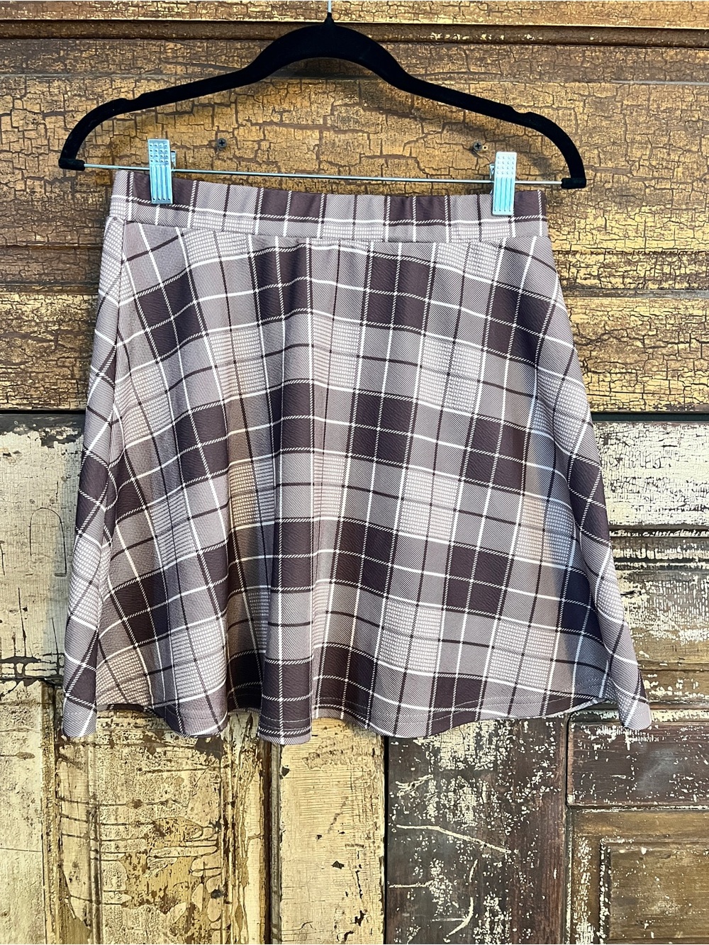 Plaid Skater Skirt in Brown & Cream A Line Mini Skirt Size L